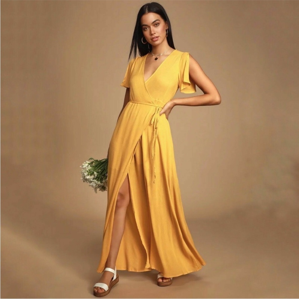 Lulus Much Obliged Wrap Maxi Dress Size S Short Sleeve Golden Yellow NEW Tag B69
